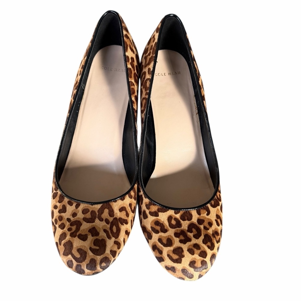 Cole Haan Leopard Print Calf Hair Black Patent Wedge Heels Size 8 - Picture 5 of 16